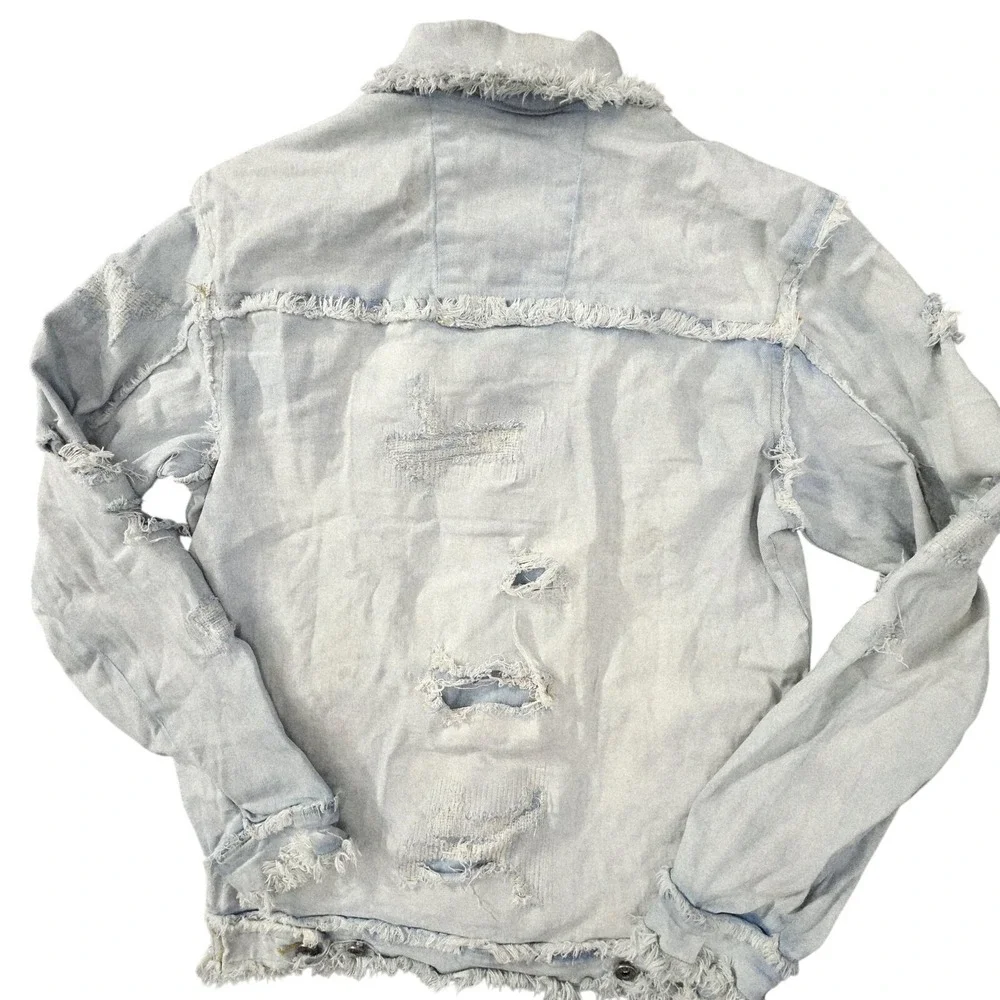 Vtg Focus Distressed Denim Medium Jacket Y2K Frayed Hem Womens Grunge Ripped 90s